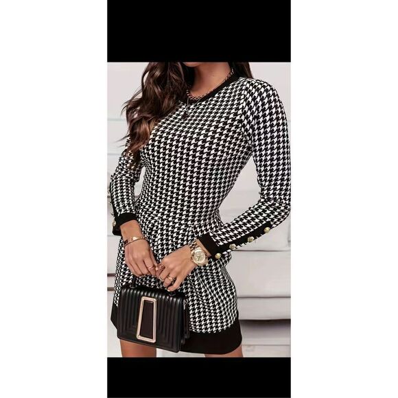 Houndstooth print dress elegant crewneck long sleeve tucked dress. Size 12 - Picture 7 of 10